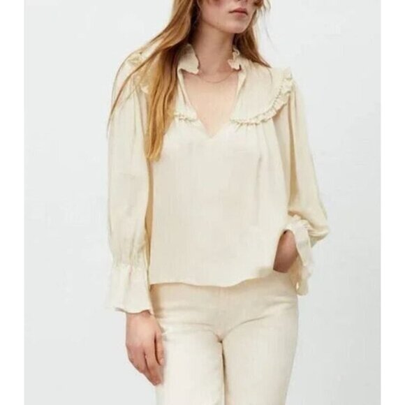 Zara Top Womens L Faux Pearl Trim Ruffle V Neck Ivory Prairie Cottagecore Boho - Picture 1 of 9